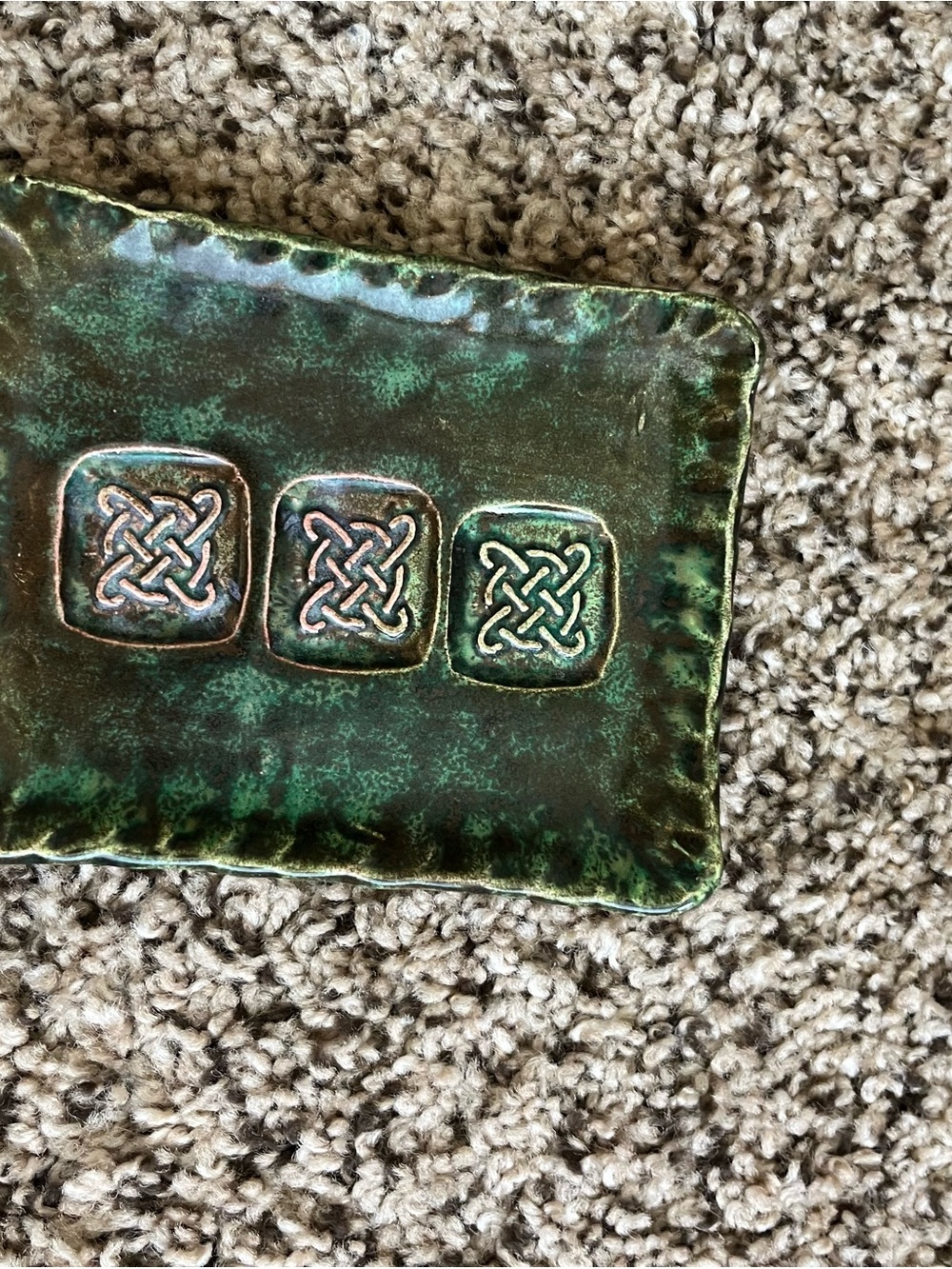 Handcrafted Green Ceramic Accent Tray with Celtic Knot Motif